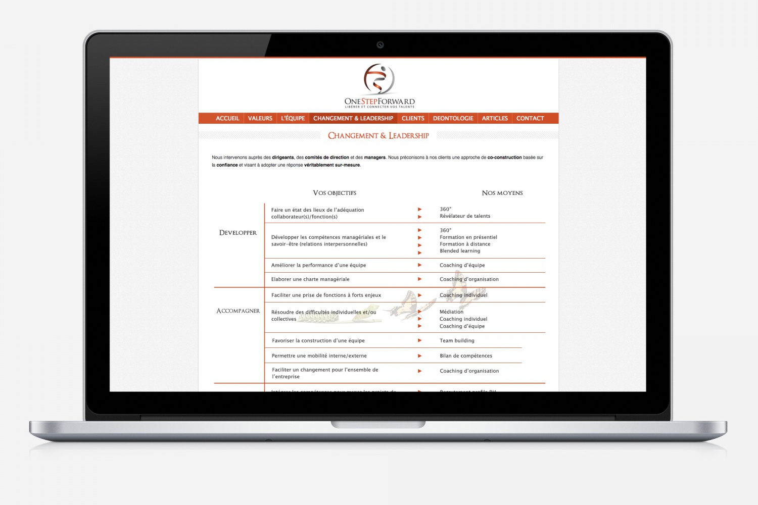 Site internet de One Step Forward - Changement & Leadership