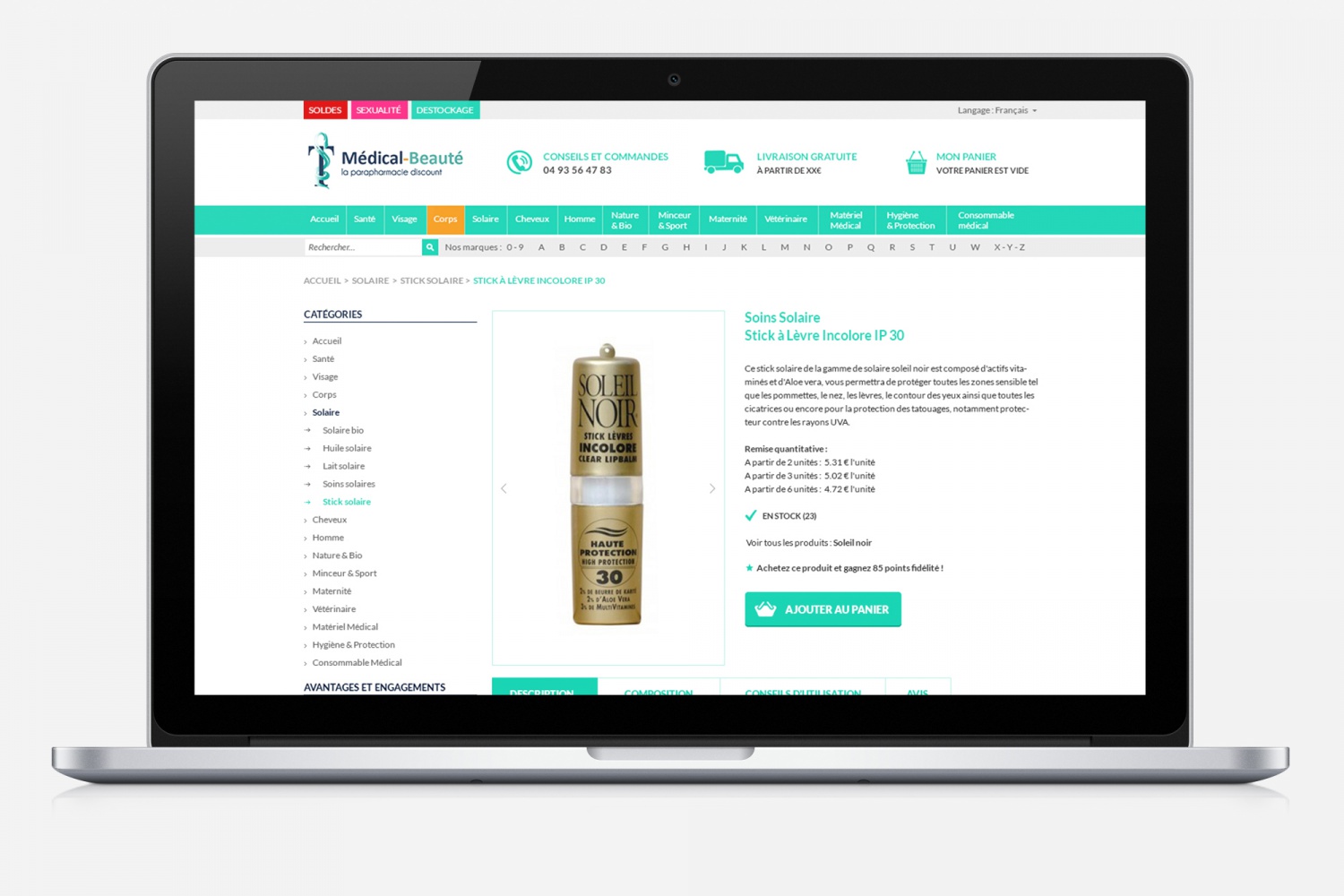 Site internet de Médical Beauté  - Page produit